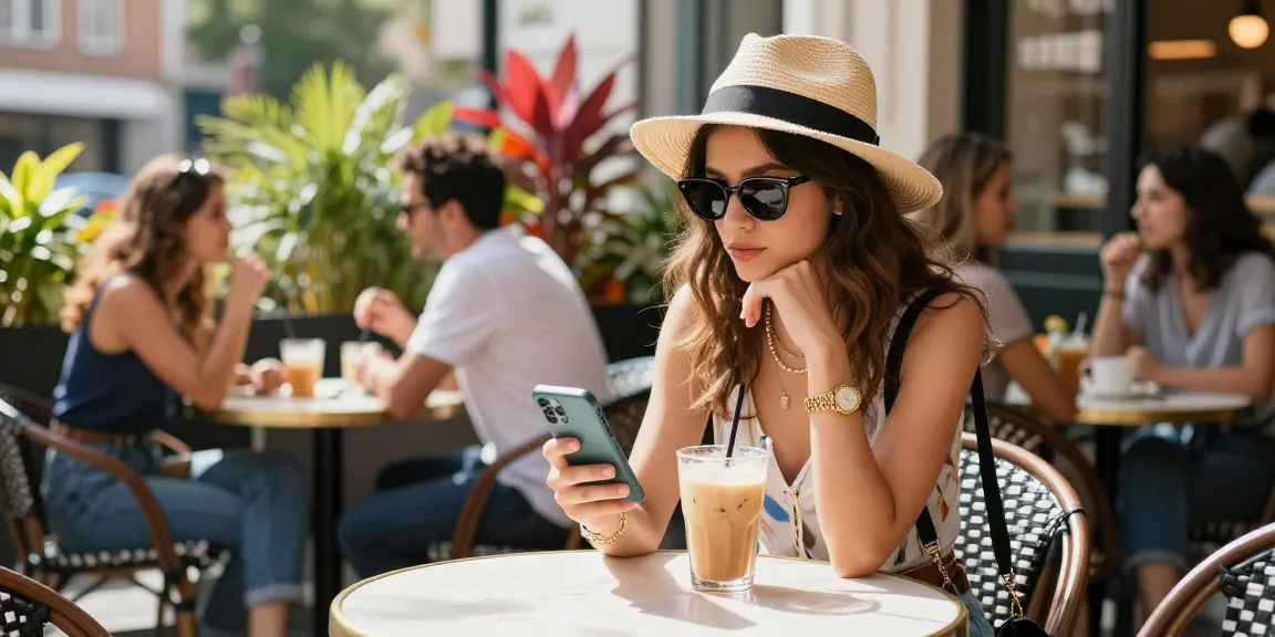 Gái gọi tạo dáng tại quán cà phê sôi động, thời trang hiện đại và phong cách.