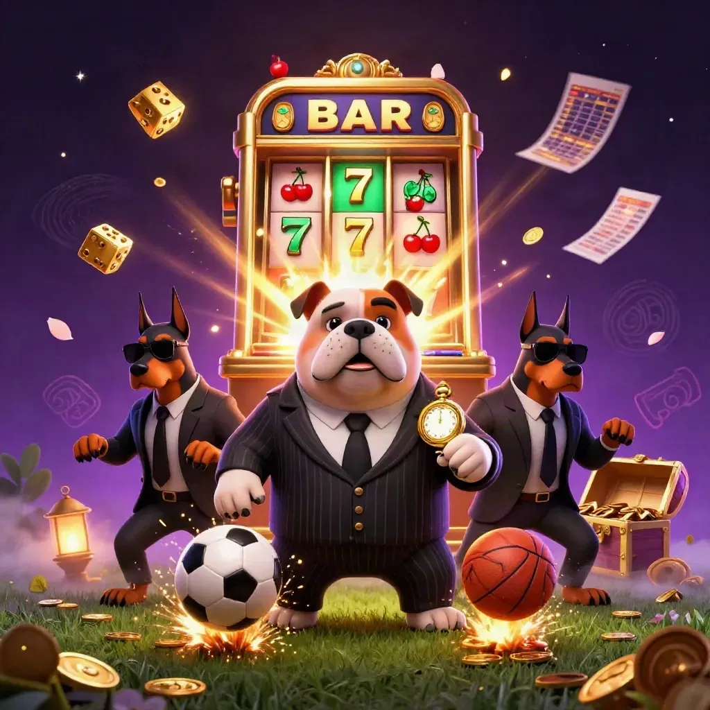 Bulldog boss and bodyguards amid exploding slot machine, flying balls, gold, and casino magic.