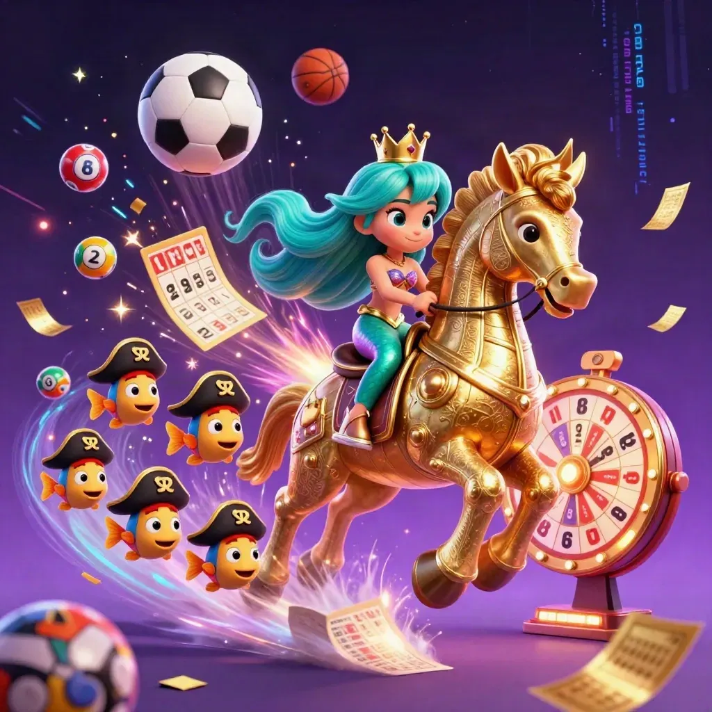 Mermaid princess on golden seahorse amid flying lottery balls, bingo card, wheel and casino glow.