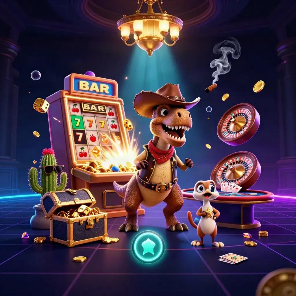 3D cowboy T-Rex, cactus sidekick, and roadrunner amid casino jackpots and glowing lights