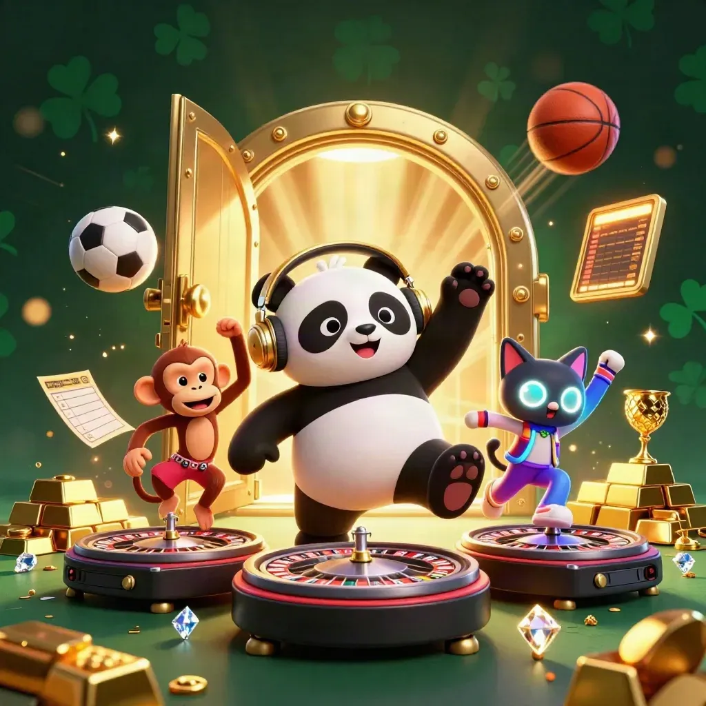 DJ panda, monkey, and glow kitten amid gold vault burst, balls, and casino lights