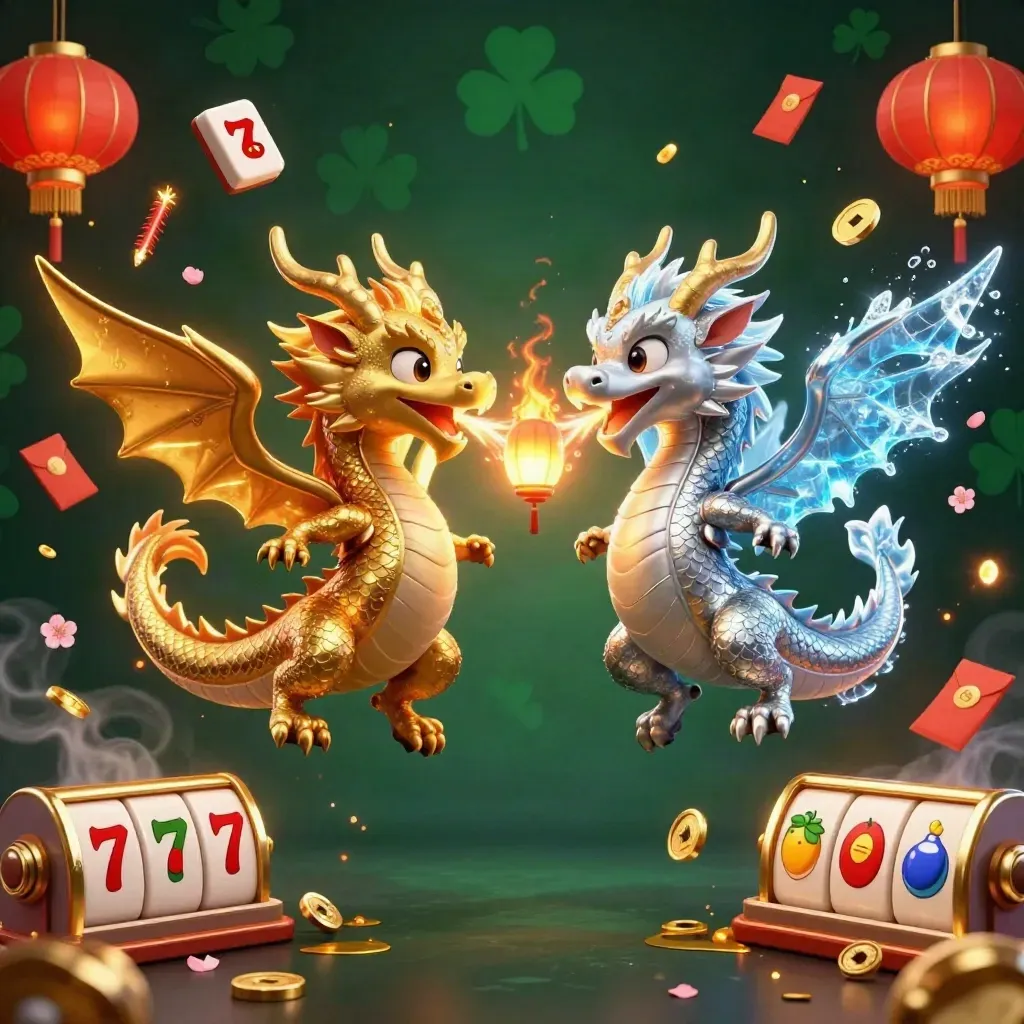 Twin gold and silver dragons twist in fire and ice amid casino treasures and emerald glow.