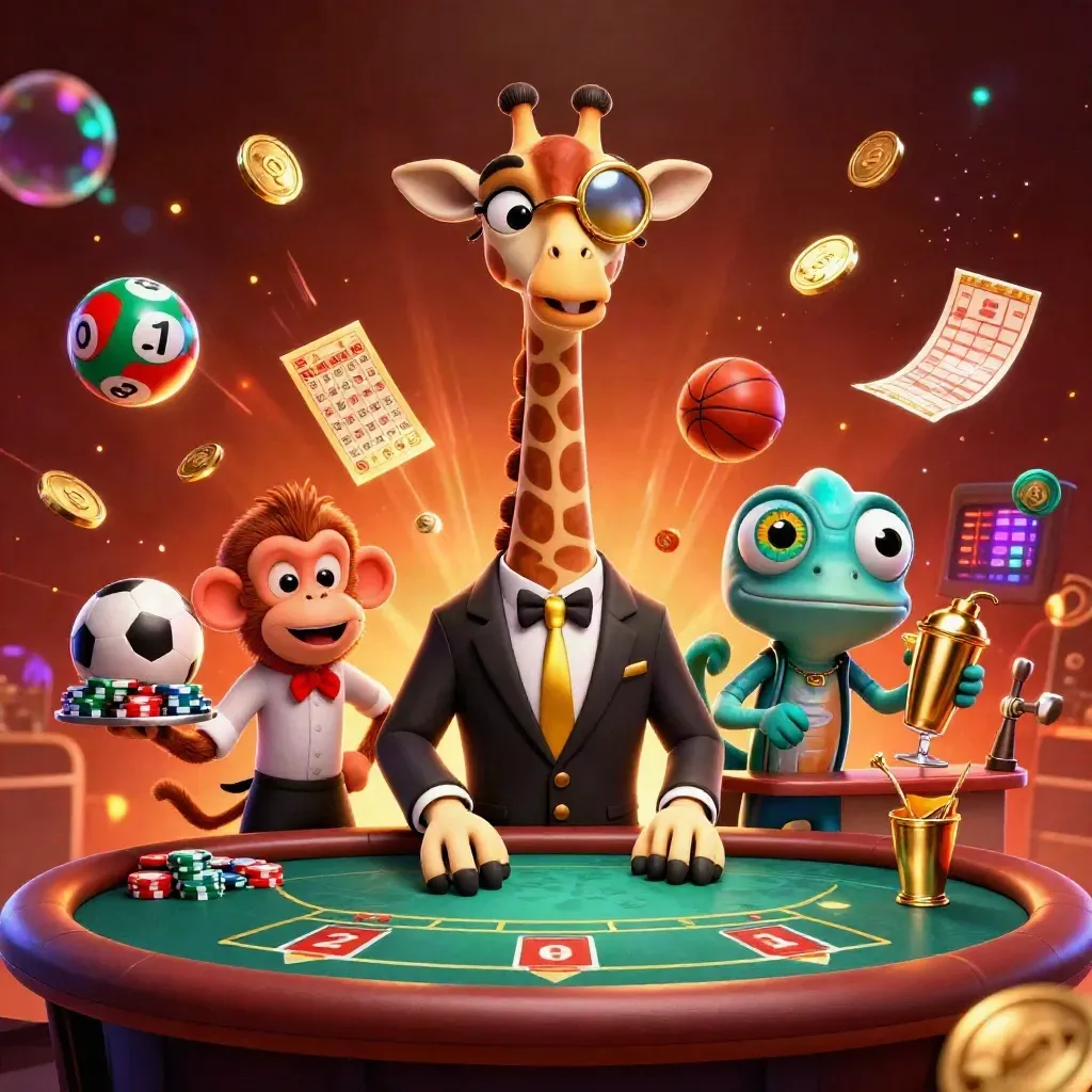 Giraffe, monkey, and chameleon casino celebration with coins, balls, wheel, tickets, and glowing effects.