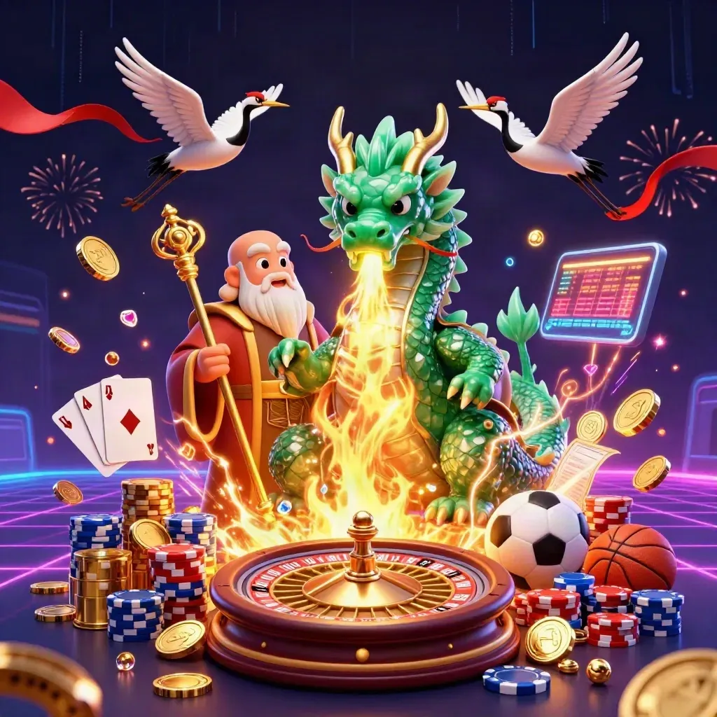 Emerald dragon, turtle sage and cranes amid casino coins, roulette wheel, chips and jackpots.
