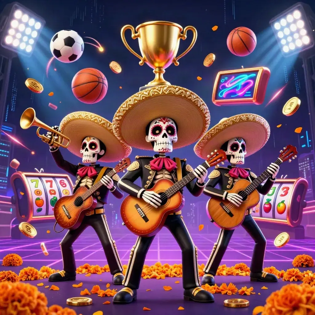 Three Day-of-the-Dead skeleton mariachi heroes amid jackpots, sports balls, coins, and neon casino energy