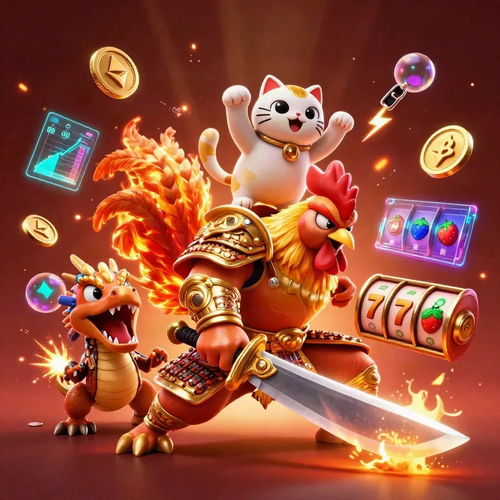 Rooster samurai, dragon hatchling, and lucky cat with casino coins and sparks.