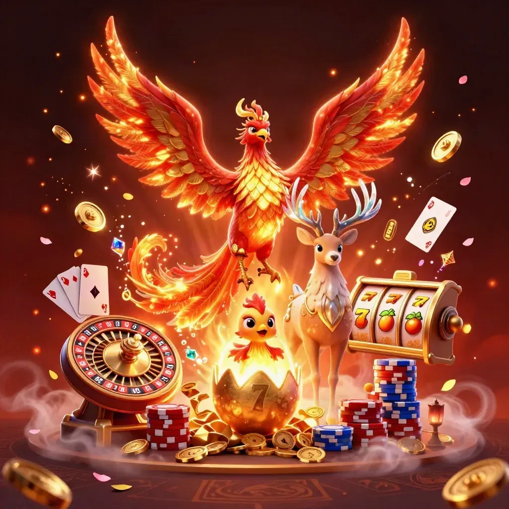 Fire phoenix, hatching hatchling, and crystal-antler stag amid casino symbols and gold coins