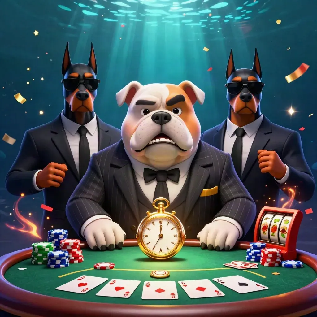 Bulldog casino boss with two Dobermans amid blackjack chips, cards, reels, and jackpot sparks.